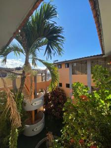 vistas a un patio con palmeras y plantas en Hotel Bombonaje, en Rioja