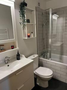 y baño con aseo, lavabo y ducha. en Apartment in Hafnarfjörður, en Hafnarfjördur