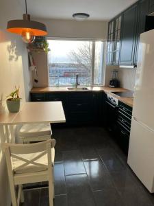 eine Küche mit einem Tisch, einer Spüle und einem Kühlschrank in der Unterkunft Apartment in Hafnarfjörður in Hafnarfjördur