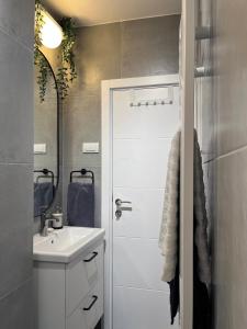 ein weißes Bad mit einem Waschbecken und einer Dusche in der Unterkunft Flat with amazing view in Belgrad
