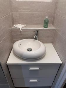 a bathroom with a white sink and a soap bottle at L’insolite in Auxerre