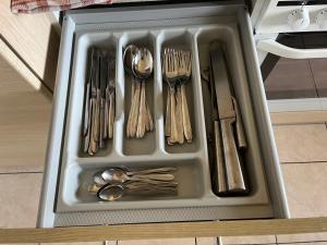 a tray filled with forks and spoons and utensils at Grand Appartement avec 3 chambres à coucher in Lausanne