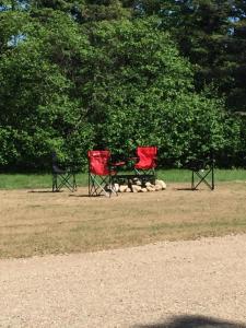 two red chairs and a picnic table in a park at Four Seasons Algonquin Cabins in Madawaska