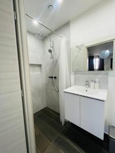bagno bianco con doccia e lavandino di Studio, Maison, rez de chaussée, Perpignan a Perpignano