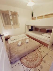 Zimmer mit 2 Etagenbetten und einem Teppich in der Unterkunft Maison Time Break Jacuzzi - 4 étoiles in Thonon-les-Bains