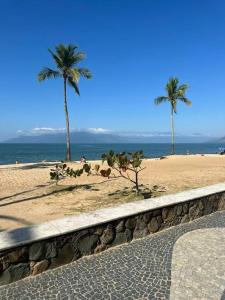 zwei Palmen an einem Sandstrand mit dem Meer in der Unterkunft Casa na Martim de Sá in Caraguatatuba