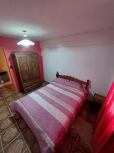a bedroom with a bed with a purple blanket at ALDAO in Malargüe