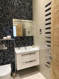 a bathroom with a sink and a toilet and a mirror at Chic Battersea Retreat in London
