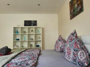 een slaapkamer met een bed met kussens en een boekenplank bij Mandelas Cozy Lounge in Schmelz