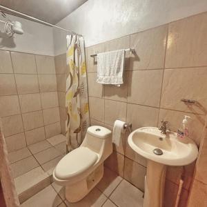 a small bathroom with a toilet and a sink at Apartamento Selva y Mar 900 m de playa Manzanillo in Manzanillo