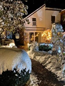 a house covered in snow at night at Ferienwohnung Elisabeth in Blankenhain