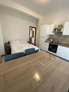 ein großes Schlafzimmer mit einem Bett und einer Küche in der Unterkunft Casa Oasi in Seriate