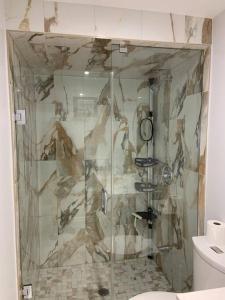 een badkamer met een douche en een glazen deur bij Luxurious brand new ground level apartment in Mississauga