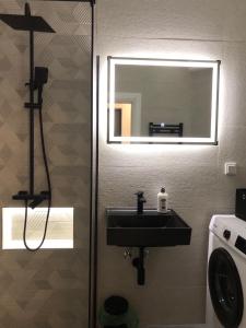 a bathroom with a sink and a mirror at Centar City Sarajevo Apartman in Sarajevo