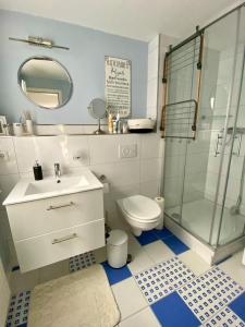 a bathroom with a shower and a toilet and a sink at Ferienwohnung Elisabeth in Blankenhain