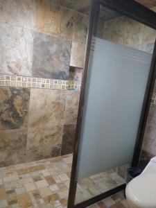 a shower with a glass door in a bathroom at Hotel Vista Markés in Zacatlán