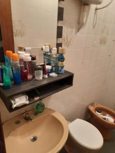 a bathroom with a sink and a toilet and a mirror at Departamento completo en edificio Camilo Recalde 477 in Ciudad del Este