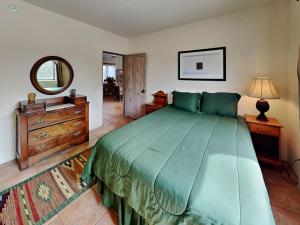 サンタフェにあるEl Otro Tierraのベッドルーム(大きな緑のベッド1台、鏡付)