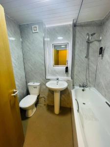 a bathroom with a toilet and a sink and a tub at Hylands Hotel in Coventry