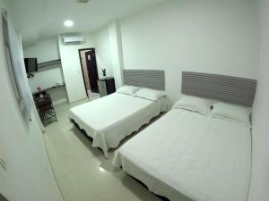 a bedroom with two beds and a television in it at Hotel Almendros in San Andrés