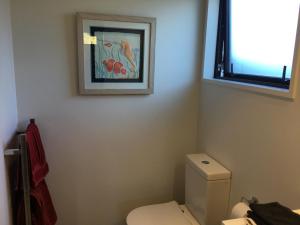 baño con aseo y una foto en la pared en Cozy stylish studio, en Wanaka