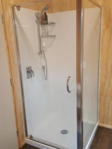 a shower with a shower head in a bathroom at Yurt retreat in Pangatotara