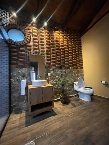 a bathroom with a sink and a toilet and a mirror at Cabañas Casa de Niebla in Pluma Hidalgo