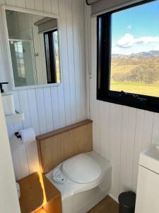 a small bathroom with a toilet and a window at Willow Three Tiny House in Willow Tree