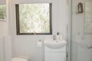 a bathroom with a sink and a toilet and a window at Sunset Vine at Wonganella Estate 1 in Bobs Farm