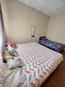 sypialnia z dużym łóżkiem z kołdrą w obiekcie La casa del descanso w mieście Catemaco