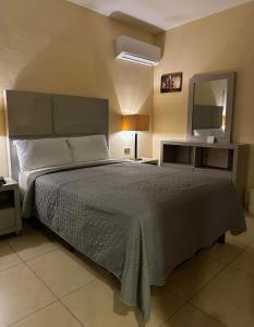 1 dormitorio con 1 cama grande y espejo en Hotel Boutique Boca - Veracruz, en Boca del Río