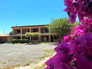 Un edificio con flores moradas en el frente. en Hotel Real Alaska, en Liberia
