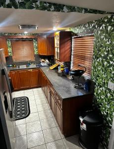 a kitchen with wooden cabinets and a counter top at mary jane room in Miami