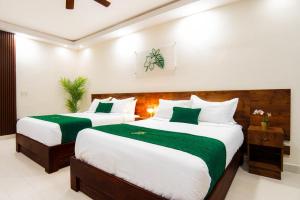 sypialnia z 2 łóżkami z zieloną i białą pościelą w obiekcie Jardin Colonial Boutique Hotel w mieście Santo Domingo