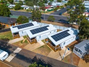 an overhead view of solar arrays on a building at NRMA Dubbo Holiday Park in Dubbo