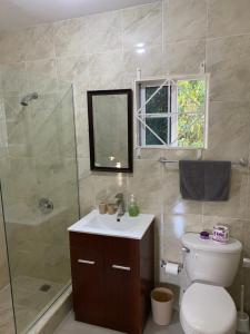 a bathroom with a toilet and a shower and a sink at Mandeville luxury in Mandeville +28 photos