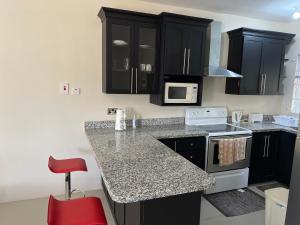 a kitchen with black cabinets and a granite counter top at Mandeville luxury in Mandeville