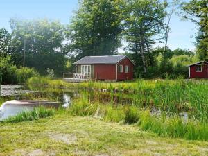 a red cabin in a field next to a pond at 4 person holiday home in SMEDSTORP in Smedstorp