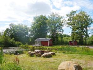 Smedstorpにある4 person holiday home in SMEDSTORPの池の横の野原の赤い小屋