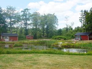 Smedstorp的住宿－4 person holiday home in SMEDSTORP，池塘旁的田野里有两个红色小屋