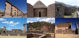 a group of four pictures of an old building at Hostal Inca in San Pedro