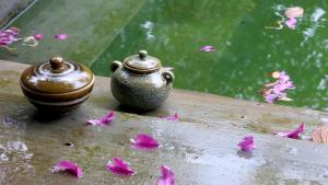 a pot and flowers on a table next to water at Clayfingers Art Cottage in Trichūr