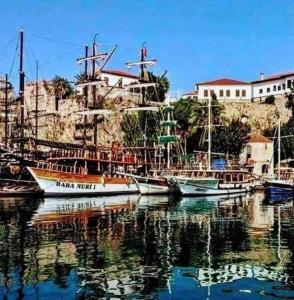 een groep boten is aangemeerd in een haven bij Kaleiçi muhteşem konum deniz yakını 1+0 özel ev in Antalya