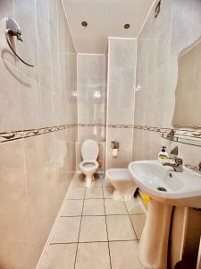 a bathroom with a toilet and a sink at 458 Очень теплые апартаменты возле Байтерека с 2 большими кроватями и диваном для 1-6 человек in Astana