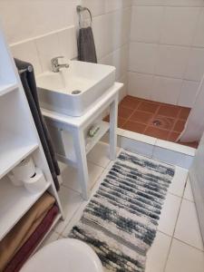 a bathroom with a sink and a toilet and a rug at Cottage by the Woods in Pretoria