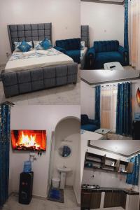 4 fotos de un dormitorio con cama y chimenea en Rihan studio apartment, en Mombasa