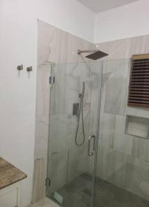 a shower with a glass door in a bathroom at Beachscape At Black River Ethlyn by the sea in Black River