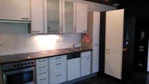 La cuisine est équipée de placards blancs, d'un évier et d'un réfrigérateur. dans l'établissement Apartment Rhein Main, à Hochheim am Main