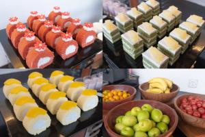 a series of four pictures of different types of desserts at Huaqiang Plaza Hotel Shenzhen, Enjoy Complimentary Mini Bar & Night Snack, Add breakfast - enjoy complimentary afternoon tea in Shenzhen