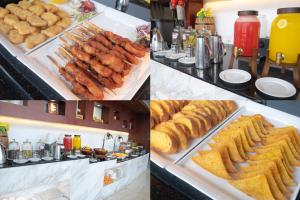 a group of four pictures of food on a buffet at Huaqiang Plaza Hotel Shenzhen, Enjoy Complimentary Mini Bar & Night Snack, Add breakfast - enjoy complimentary afternoon tea in Shenzhen